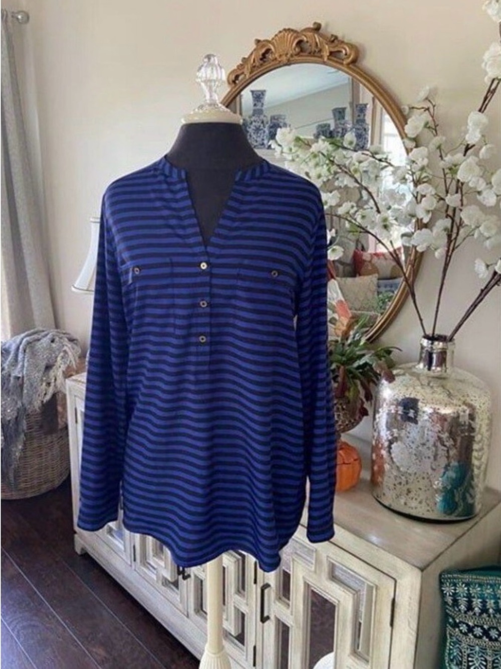 Calvin Klein Women’s Black and Blue Long Sleeve Blouse Size S